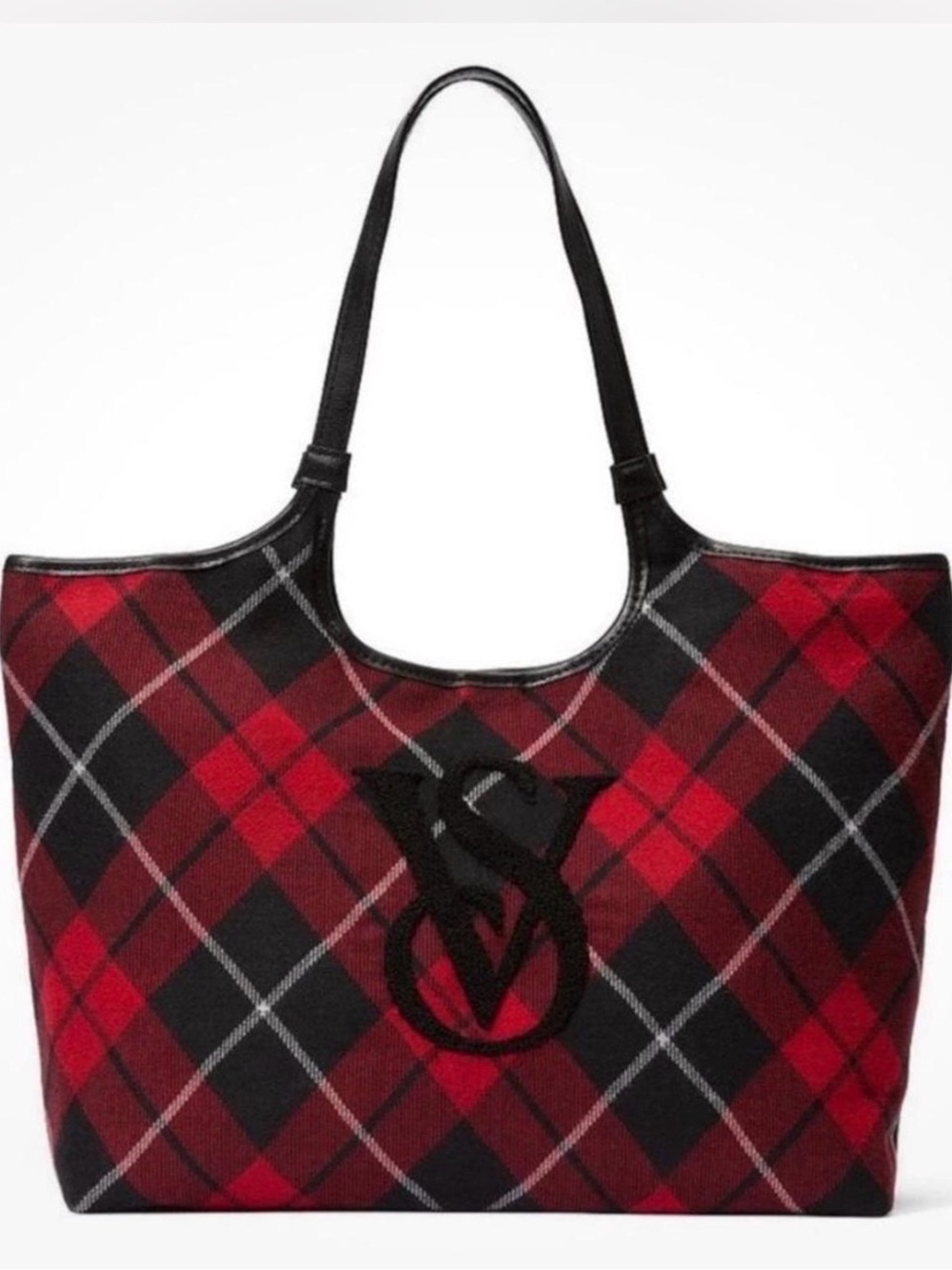 Victoria's Secret Red & Black Plaid Tote Bag with Monogram Detail